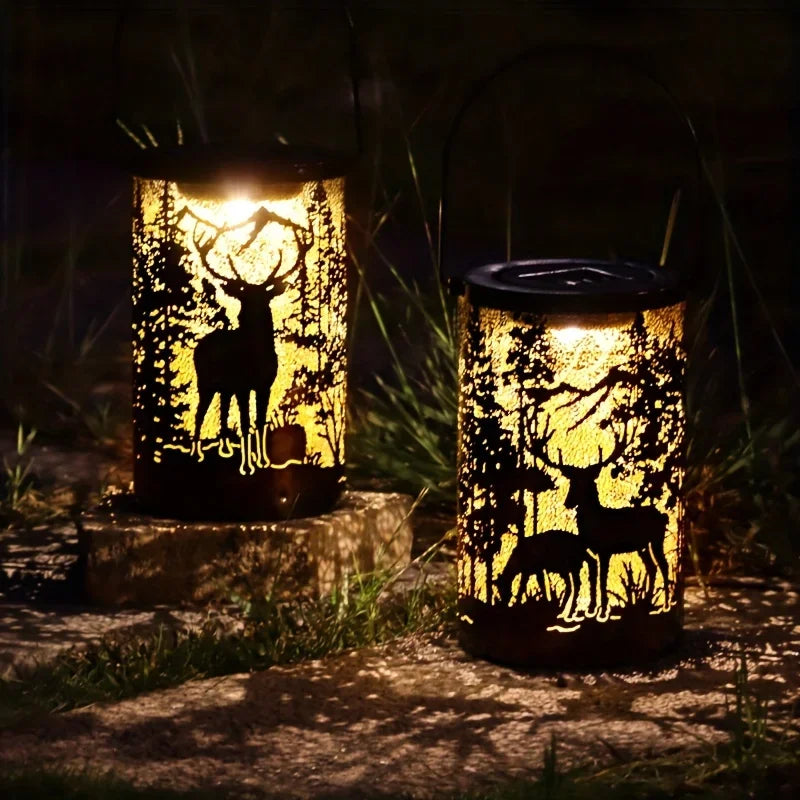 Solar Lantern Deer And Forest Pattern Hollow Projection Light Outdoor Garden Decor Threshold Courtyard Landscape Terrace Lamp