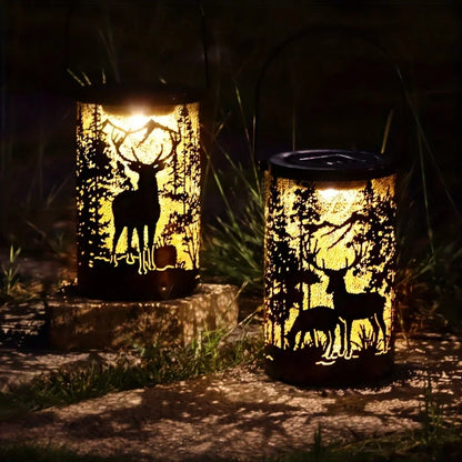 Solar Lantern Deer And Forest Pattern Hollow Projection Light Outdoor Garden Decor Threshold Courtyard Landscape Terrace Lamp