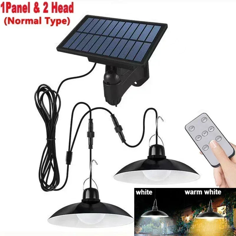 Solar Pendant Light Outdoor Waterproof LED Lamp Double-head Chandelier Decorations with Remote Control for Indoor Shed Barn Room