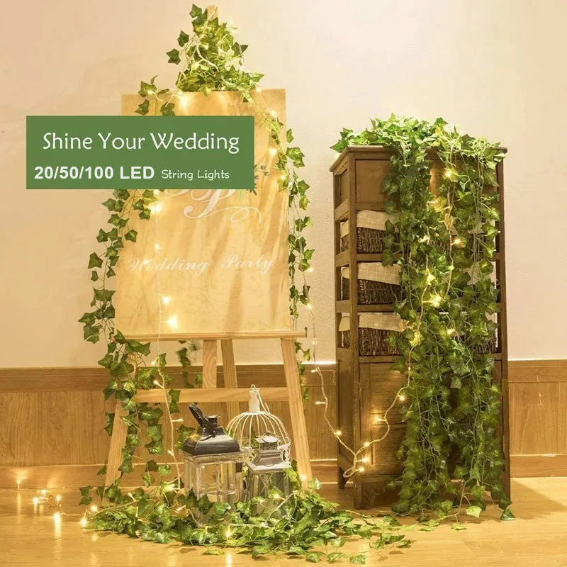 Battery-operated 2M/5M/10M Artificial Vine Plants Garland Fake Ivy Turtle Leaves String Light for Garden Christmas Wedding Decor