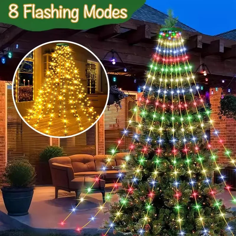 1.5M/2M/3M LED Ring Christmas Tree Tops Lights Decoration Tree Lights String for Patio Garden Outdoor Waterproof Waterfall Light